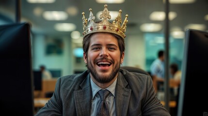 A young man sits at a desk in an office, wearing a crown and smiling. Other people can be seen working in the background. It is a typical workday in a corporate environment.