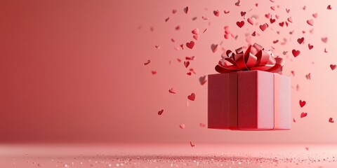 Tender floating heart confetti pouring from gift box on pink background, sweet emotional design for Valentine's Day marketing and social media