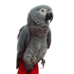 Obraz premium Gray Parrot Stands on a Branch With Bright Red Tail Feathers in a Simple Setting