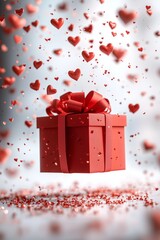 Sparkling crimson heart explosion overflowing from luxury box, dramatic love celebration perfect for romantic gift packaging and seasonal campaigns.