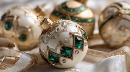 Opulent green and gold Christmas decor with gemstone details, creating royal winter atmosphere for invitations, posters and social media
