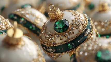 Luxurious gold and pearl Christmas baubles with intricate beading and crystals, elegant macro background for premium holiday branding and invitations
