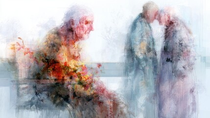 Elderly couple shares a moment while another elderly person observes silently