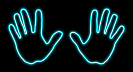 Neon glowing contour of human hands with open palms, futuristic light effect on black background. Abstract minimal illustration symbolizing touch, interaction, gesture control, technology, energy.