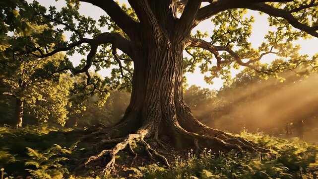 Majestic oak tree stands tall in a serene forest landscape, its massive trunk adorned with vibrant moss, sunlight filtering through leafy canopy above casting dappled shadows on forest floor.
