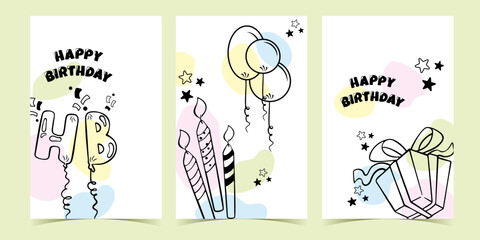 Children happy birthday card, A set of simple cards for birthdays, parties, and holidays. Minimalistic, hand-drawn line illustrations of birthday gifts, balloons, and candles.