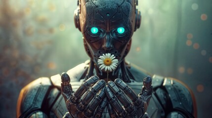 A robot stands in a dimly lit environment, holding a flower gently in its hands. The robot's eyes glow blue and it has a metallic body.