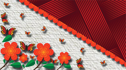 Red flower border with leaves and butterfly decorative floral vector frame.