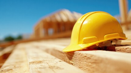 Hard hat on wood at construction site in bright daylight working conditions