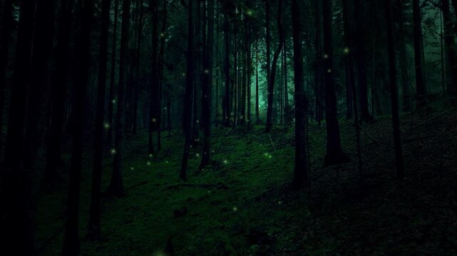 Dark forest at night illuminated by glowing fireflies, creating a magical and mysterious atmosphere with soft green light, natural bioluminescence, and a dreamy woodland mood.