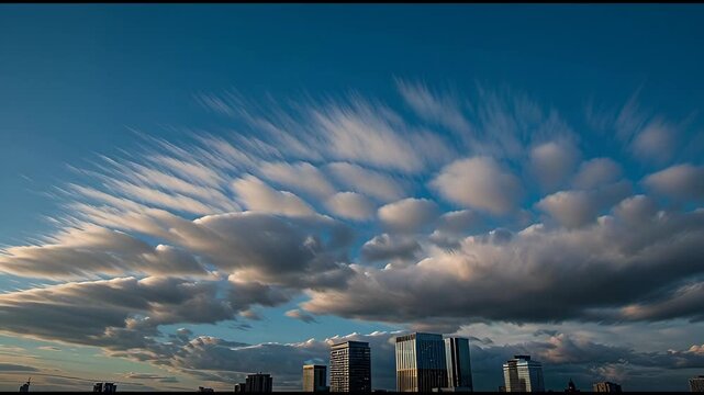 Dramatic streaking clouds over city skyline at sunset time lapse motion blur atmospheric sky urban landscape dramatic weather atmospheric phenomenon