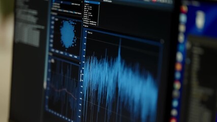 Close-up of a computer monitor displaying real-time signal analysis with blue waveform and frequency spectrum graphs across multiple panels within a data visualization interface. - Powered by Adobe