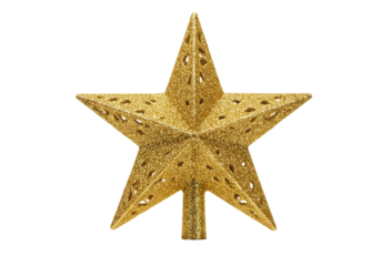 highly detailed, symmetrical eight-pointed christmas tree topper star covered in dense metallic gold glitter, isolated against a seamless transparent background. concept for luxury holiday advertising