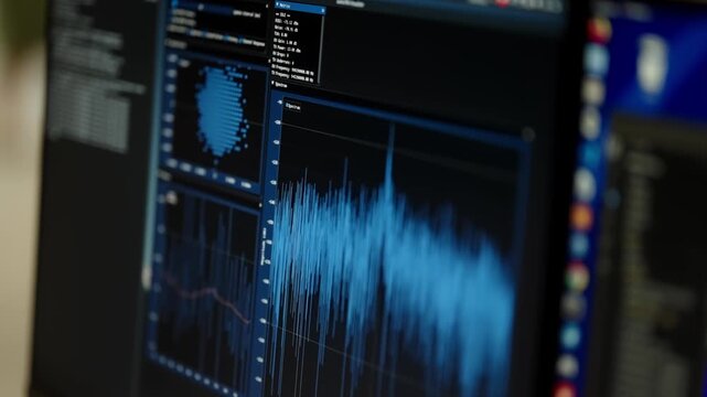 Close-up of a computer monitor displaying real-time signal analysis with blue waveform and frequency spectrum graphs across multiple panels within a data visualization interface.