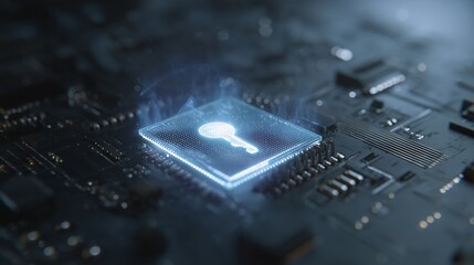 Light shines on digital key symbol on circuit board with electronic components during a night scene