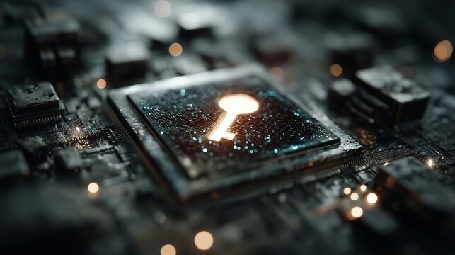 Computer circuit board with key symbol glowing in the center, representing data security and encryption technology in digital environment - Powered by Adobe