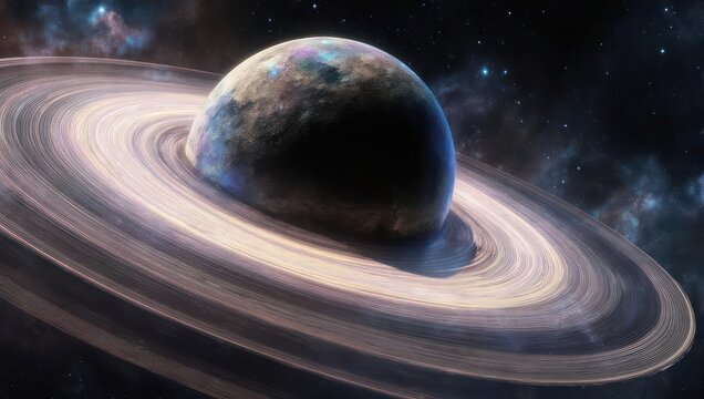 Saturn-like planet with rings in deep space illustration.
