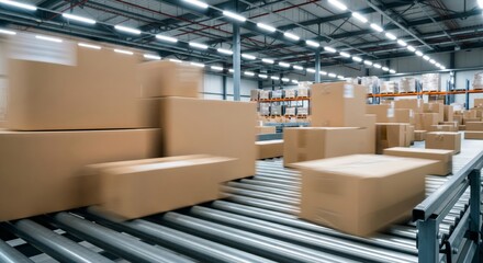 Conveyor Belt Carrying Cardboard Boxes in Modern Distribution Center. Represents e-commerce logistics, automation, and supply chain efficiency.