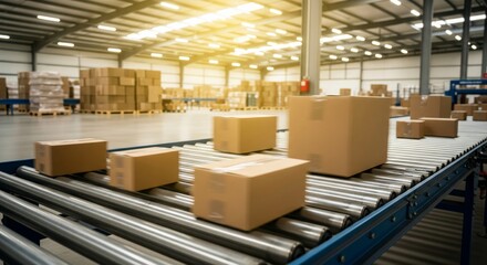 Conveyor Belt Carrying Cardboard Boxes in Modern Distribution Center. Represents e-commerce logistics, automation, and supply chain efficiency.