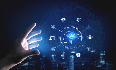 A concept of a global AI ecosystem centered on digital intelligence. Network integrates diverse applications like industrial automation, cloud computing, and fintech for worldwide innovation. Fermion