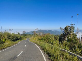 Scenic Winding Mountain Road with Blue Sky and Nature View