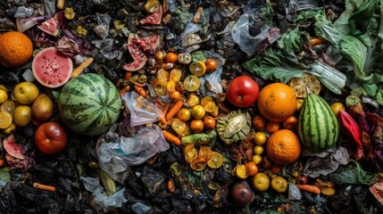 Food waste collected in a large pile with various fruits and vegetables mixed with plastic debris on the ground