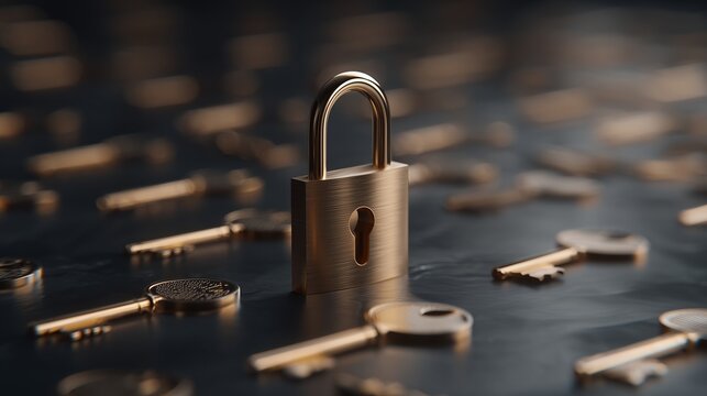 Lock and keys arranged on a dark surface during evening light showing a metal padlock in focus