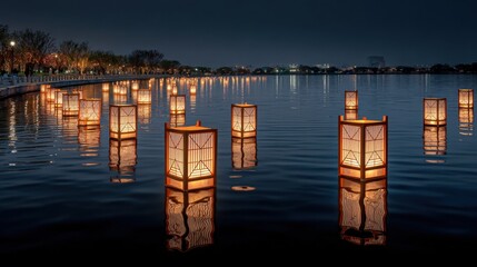 Fototapeta premium Sky lanterns floating gracefully on a serene lake at night, illuminating the water with warm light, creating a tranquil and enchanting atmosphere for celebrations
