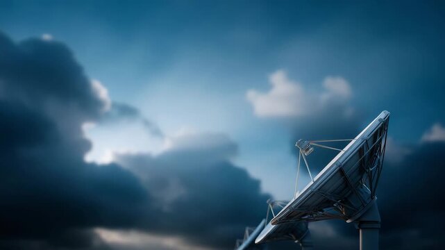 large satellite dish antennas pointed toward the sky, modern ground-based communication infrastructure set against a dramatic blue sky with scattered clouds, powerful parabo