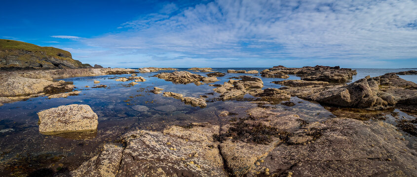 Rocky Fraserburgh Scotland coastline at low tide