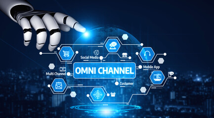A robotic hand reaches towards a digital omni channel interface, illustrating the integration of technology and customer engagement solutions in a modern business landscape. Tessel