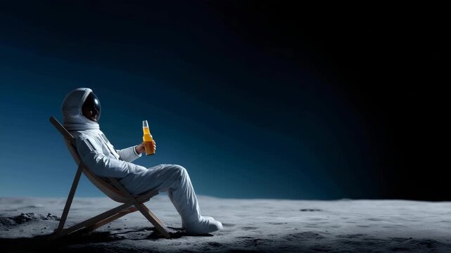 A humorous conceptual scene of a lunar astronaut relaxing on the Moon surface, sitting in a folding beach chair, holding an opened beer bottle while gazing at the Earth rising  4k