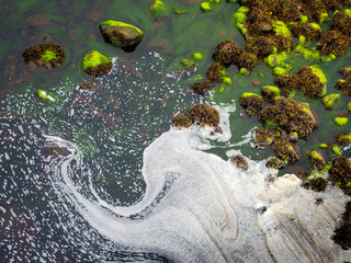 Sea foam swirling around moss covered rocks in Scotland