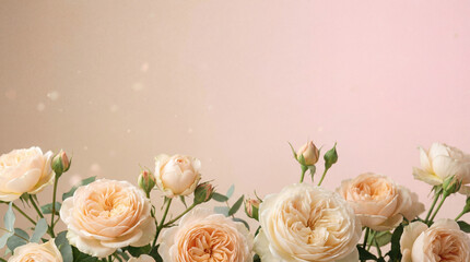Peach roses and buds forming a delicate floral border, creating a soft, elegant banner with ample copy space for romantic greetings or celebratory messages