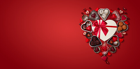 Heart-Shaped Chocolate Box with Assorted Valentine's Day Treats on Red Background
