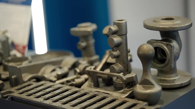 Close-up of assorted metal castings and industrial components displayed on a booth, featuring valves, pipe fittings, grates, and hardware for manufacturing and engineering.
