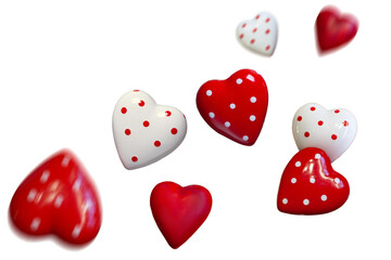 Red and White Polka Dot Hearts Floating on White Background. Love, Valentine's day and Romance Concept