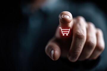 Hand touches glowing red shopping cart icon on a digital warning screen