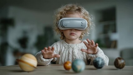 Little girl wearing virtual reality headset while learning about the solar system at home, child sitting at a table with colorful planet models, educational VR experience for kids 4k - Powered by Adobe