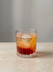 Classic Negroni cocktail with an orange slice in a glass on a textured surface
