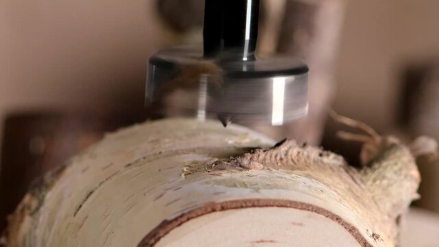 Close-up footage of a Forstner drill bit boring into birch wood, ideal for DIY woodworking projects.