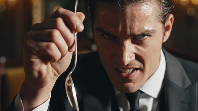 Angry businessman with intense eyes holding a spoon. A dramatic close-up of a menacing villain snarling at the camera