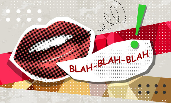 Trendy Halftone Collage with talking mouth with text - blah blah and message bubble. Concept of gossip, secret and communication.