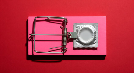 Condom on a pink mousetrap, symbolizing risky sexual encounters and protection