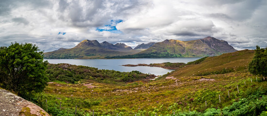 Panoramic view of Loch Torridon and Scottish Highlands mountains