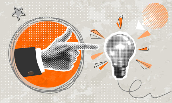  Trendy Halftone Collage with hand gesture point near light bulb on grey background. Concept of creative idea, business solution, creative mind or brainstorm. Contemporary vector illustration	
