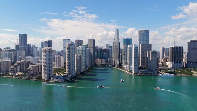 Brickell Key downtown. Cityscape of Miami downtown. Florida skyscraper in downtown Miami. Brickell building in Miami downtown. Aerial view of Miami cityscape skyscraper. City skyline aerial cityscape
