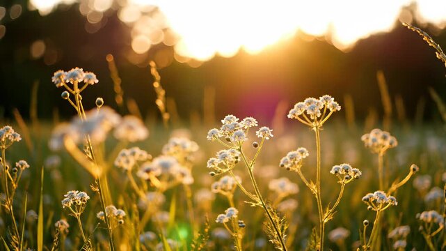 Raffes flowers spread out in a lush, vibrant display of soft colors as the warm glow of sunset captures the serene atmosphere, perfect for commercial uses that require a calming ambiance.