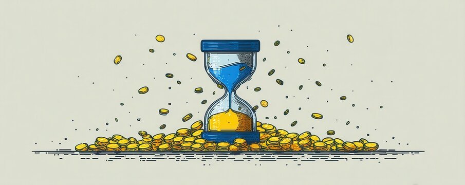 Hourglass filled with coins representing time and wealth in a simple flat illustration - Powered by Adobe