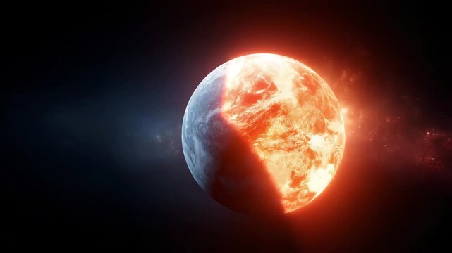 Planet Earth divided into two contrasting halves symbolizing climate change, one side covered in cool blue tones representing healthy oceans and atmosphere, the other side engulfed 4k